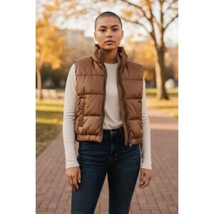 Brown Faux Leather Puffer Vest Stand Collar Zip Pockets Quilted